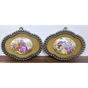 Fragonard Painted Porcelain Art Courting Couple Gold Tone Framed Antique 4.5"